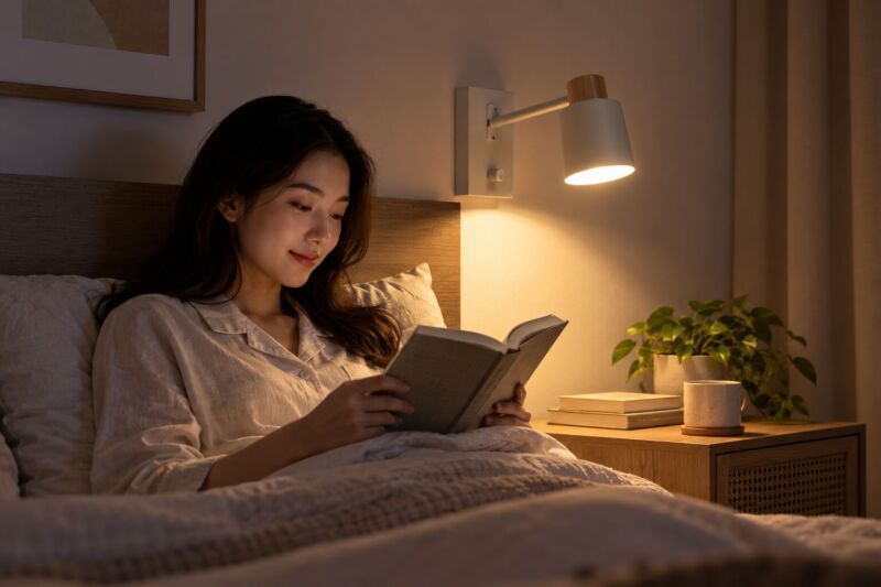 Đèn tường được gắn ngay tại đầu giường phục vụ cho việc đọc sách