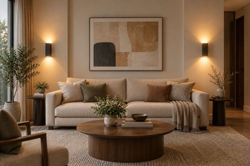 Đèn tường hắt 2 đầu được treo ở 2 bên hông của sofa trong phòng khách