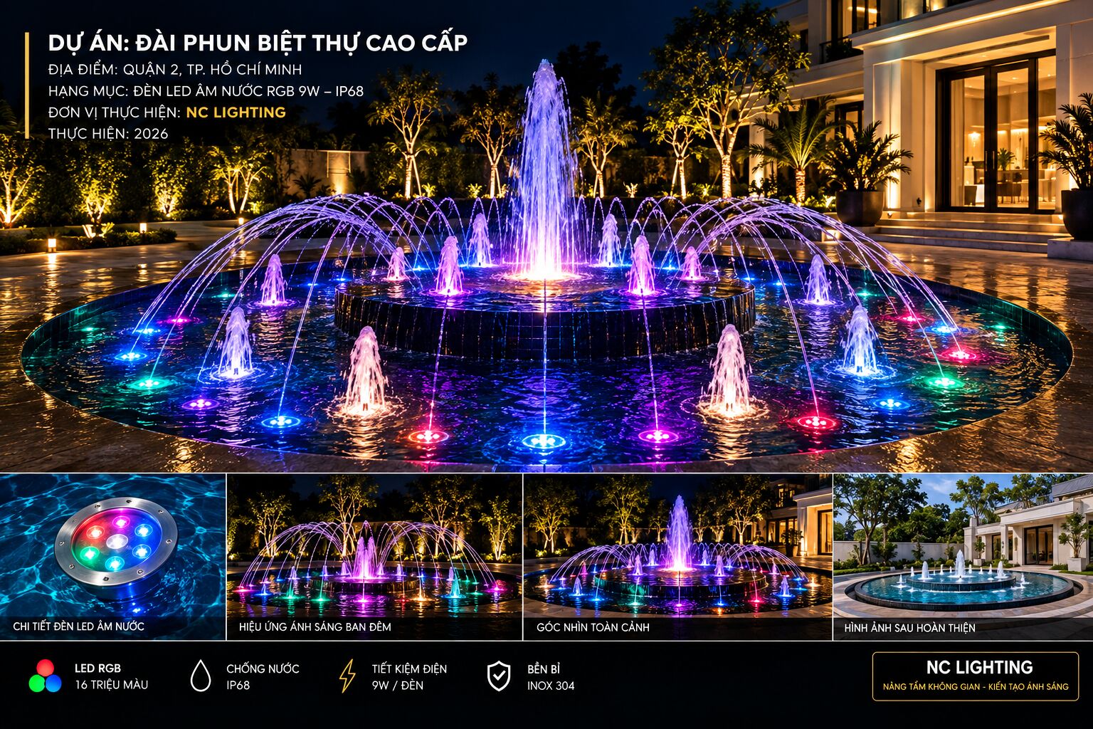 Dự án đèn âm đất lắp đặt cho đài phun nước tại thành phố Hồ Chính Minh