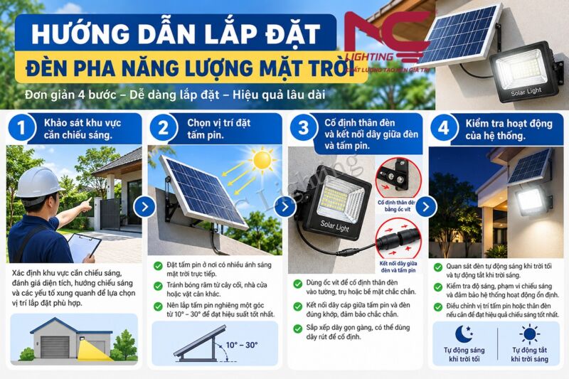 Hướng dẫn lắp đặt đèn pha năng lượng mặt trời 200W
