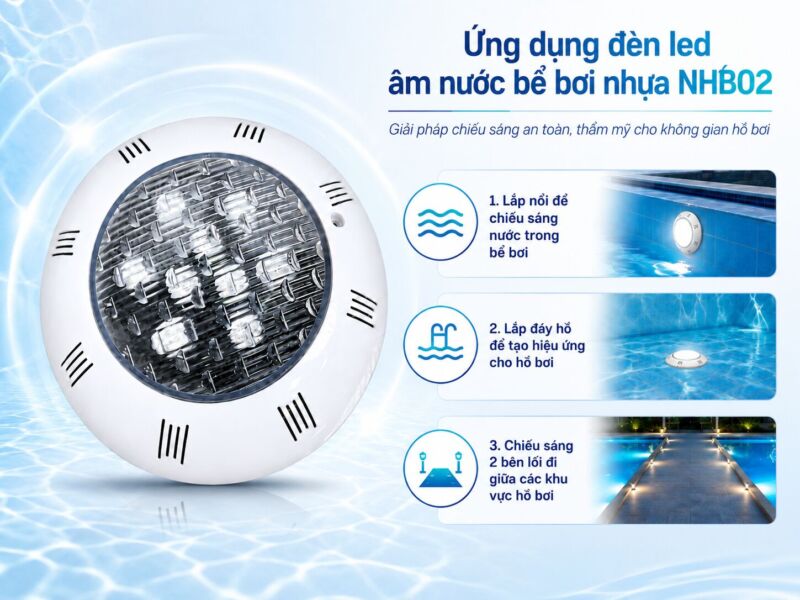 Đèn lắp dưới nước có nhiều ứng dụng như chiếu sáng hồ bơi, tiểu cảnh, đài phun nước