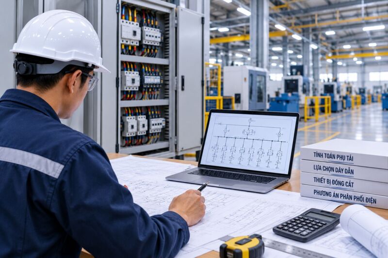 thợ sửa điện đang thiết kế điện trong hệ thống an toàn trên máy tính