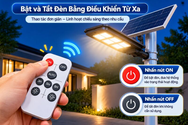 Nút bật tắt trên điều khiển từ xe đèn Năng lượng mặt trời