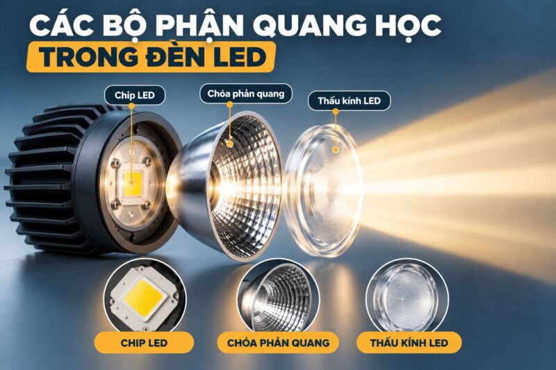 Các bộ phận chính trong bộ quang học gồm chip led, choá phản quang, thấu kính led