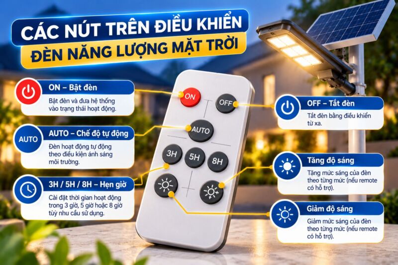 Cút nút trên điều khiển từ xa đèn năng lượng mặt trời gồm nút on- bật đèn, auto, off...