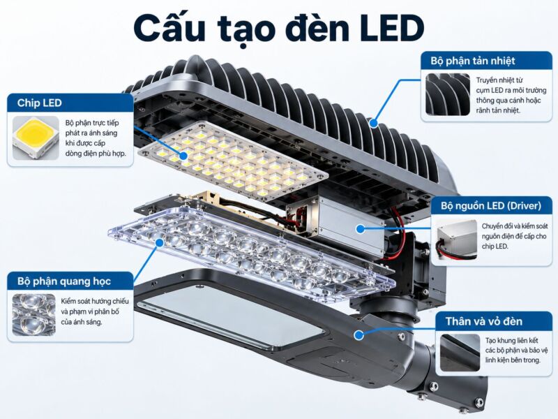 Cấu tạo chi tiết của đèn led gồm chip, bộ phận tản nhiệt, bộ phận quang học, thân và bộ nguồn