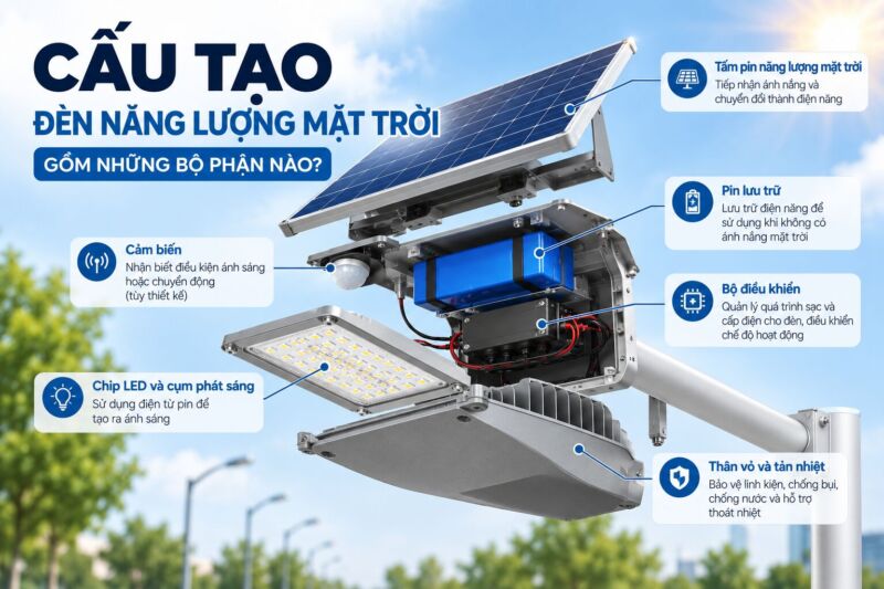 Cấu tạo chi tiết của đèn năng lượng mặt trời