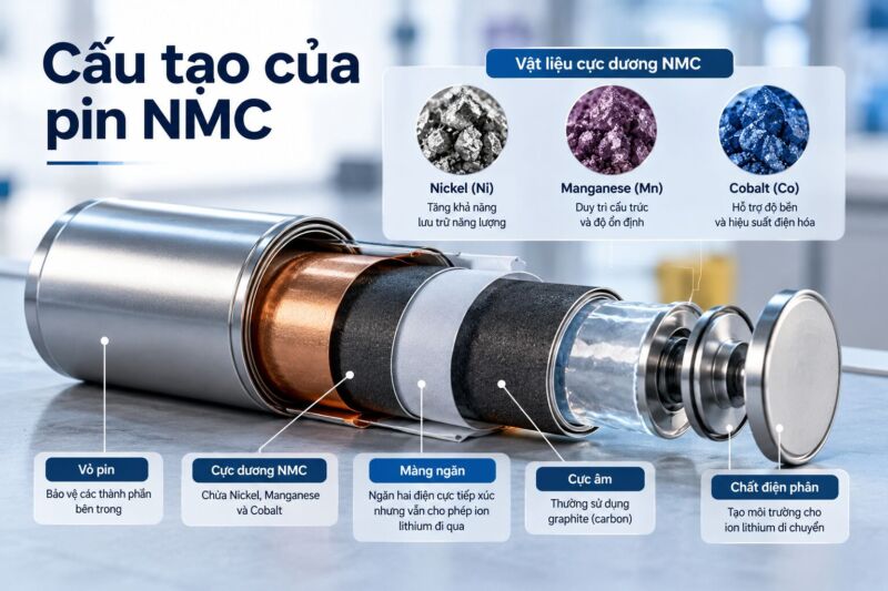 Cấu tạo của pin nmc với các bộ phận khác nhau