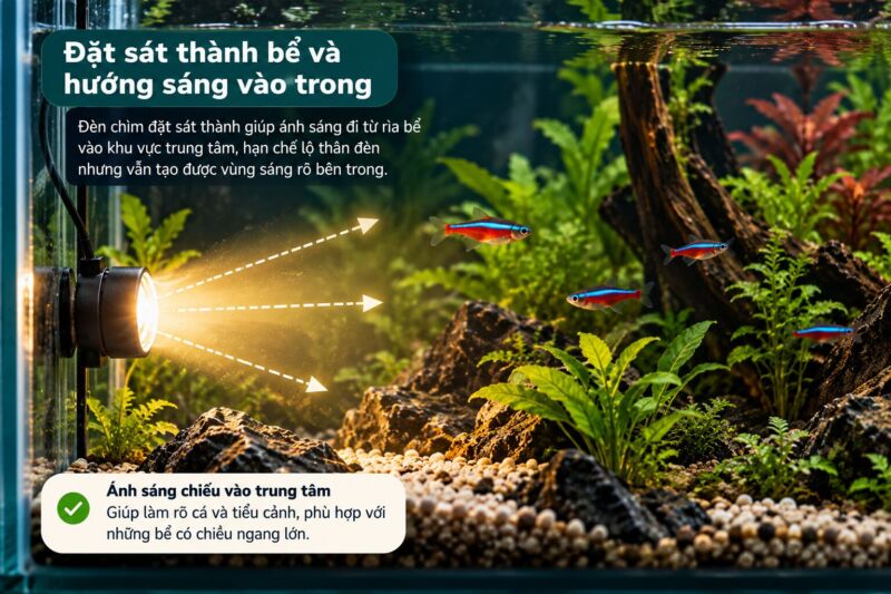Đèn chìm được đặt sát thành bể cá và tia sáng chiếu vào trong