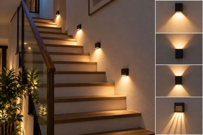 Đèn tường cầu thang được lắp đối chiếu dọc cầu thang