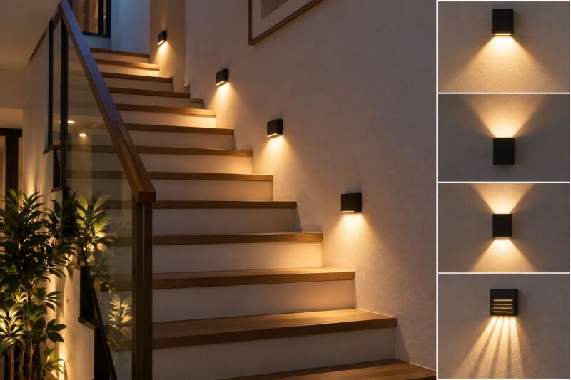 Đèn tường cầu thang được lắp đối chiếu dọc cầu thang
