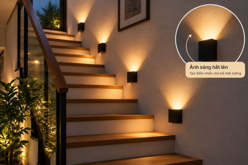 Đèn tường được gắn ở trên tường cầu thang chiếu hắt lên