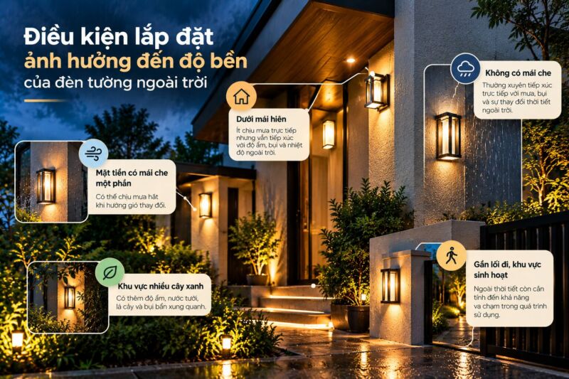 Điều kiện lắp đặt đèn tường ngoài trời gồm dưới mái hiên, mặt tiền có mái che, khu vực nhiều cây xanh