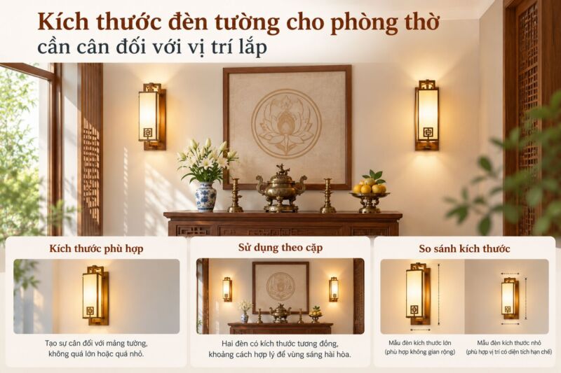 Kích thước của đèn tường cần cân đối với trị trí lắp đặt trong phòng thờ