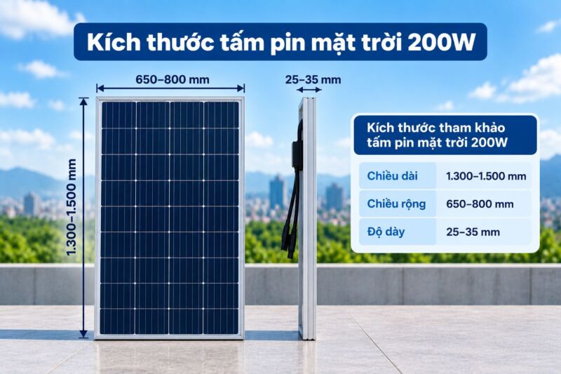 Kích thước chi tiết chiều dài, chiều rộng, độ dày của tấm pin năng lượng mặt trời công suất 200w