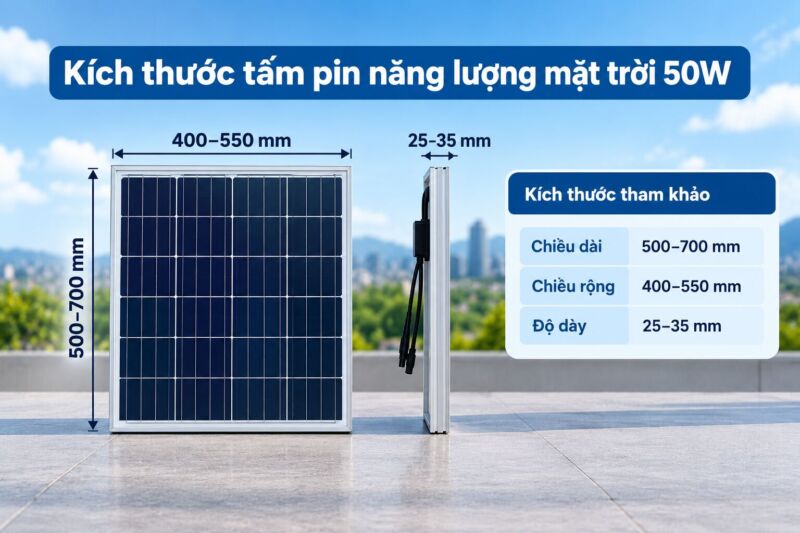 Kích thước chi tiết của tấm pin năng lượng mặt trời công suất 50w