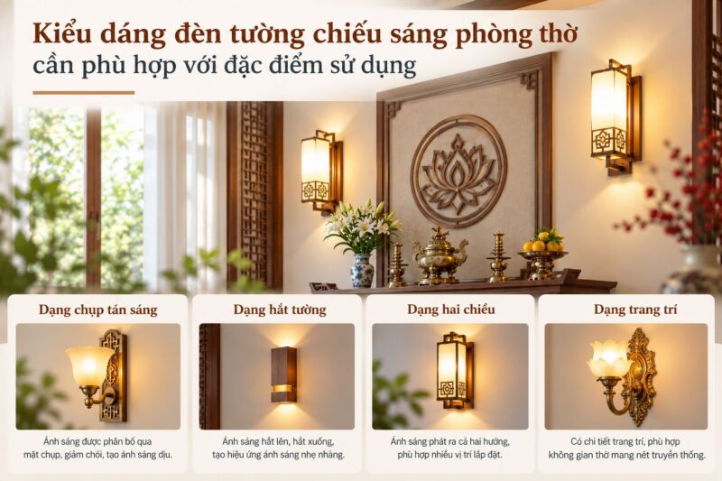 Đèn tường cần sử dụng kiểu dáng phù hợp với đặc điểm sử dụng trong phòng thờ