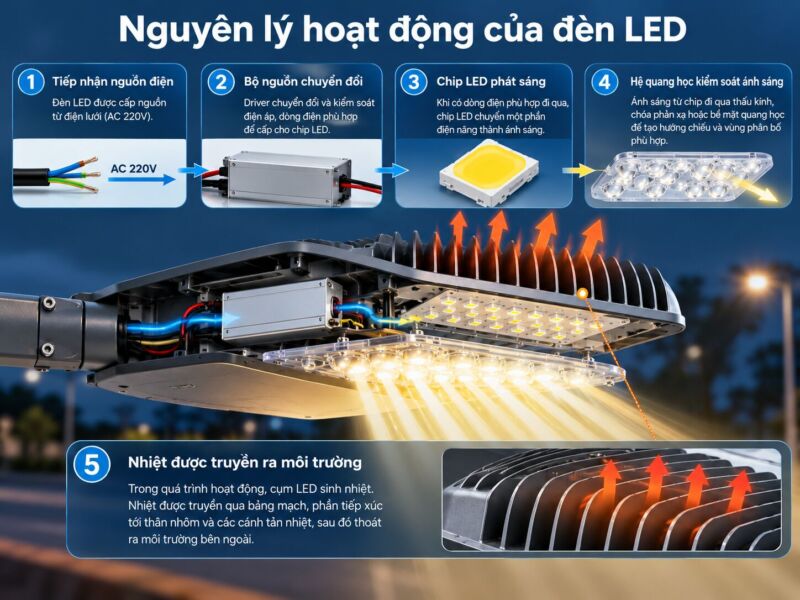 Nguyên lý hoạt động chi tiết của đèn led gồm có 5 bước chính từ tiếp nhận nguồn điện, bộ nguồn chuyển đổi, chip led phát sáng, hệ quang học và nhiệt được truyền ra môi trường