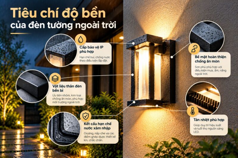 Tiêu chí độ bền của đèn tường ngoài trời gồm cấp độ bảo vệ IP, bề mặt hoàn thiện, tản nhiệt, vật liệu thân đèn...