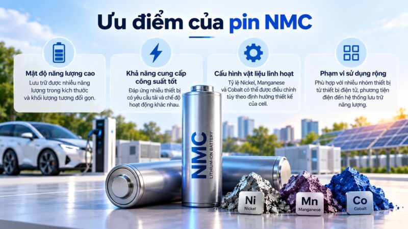 PIN NMC gồm có 4 ưu điểm chính như mật độ năng lượng cao, khả năng cung cấp công suất tốt, cấu hình linh hoạt và phạm vi sử dụng rộng